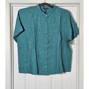Eileen Fisher Organic Linen Mandarin Collar Short Sleeve Shirt Size Medium Jade